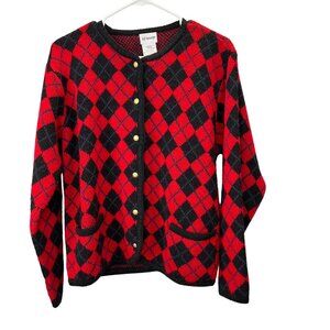Liz Baker Argyle Cardigan Sweater size S Women Red Black Gold Buttons